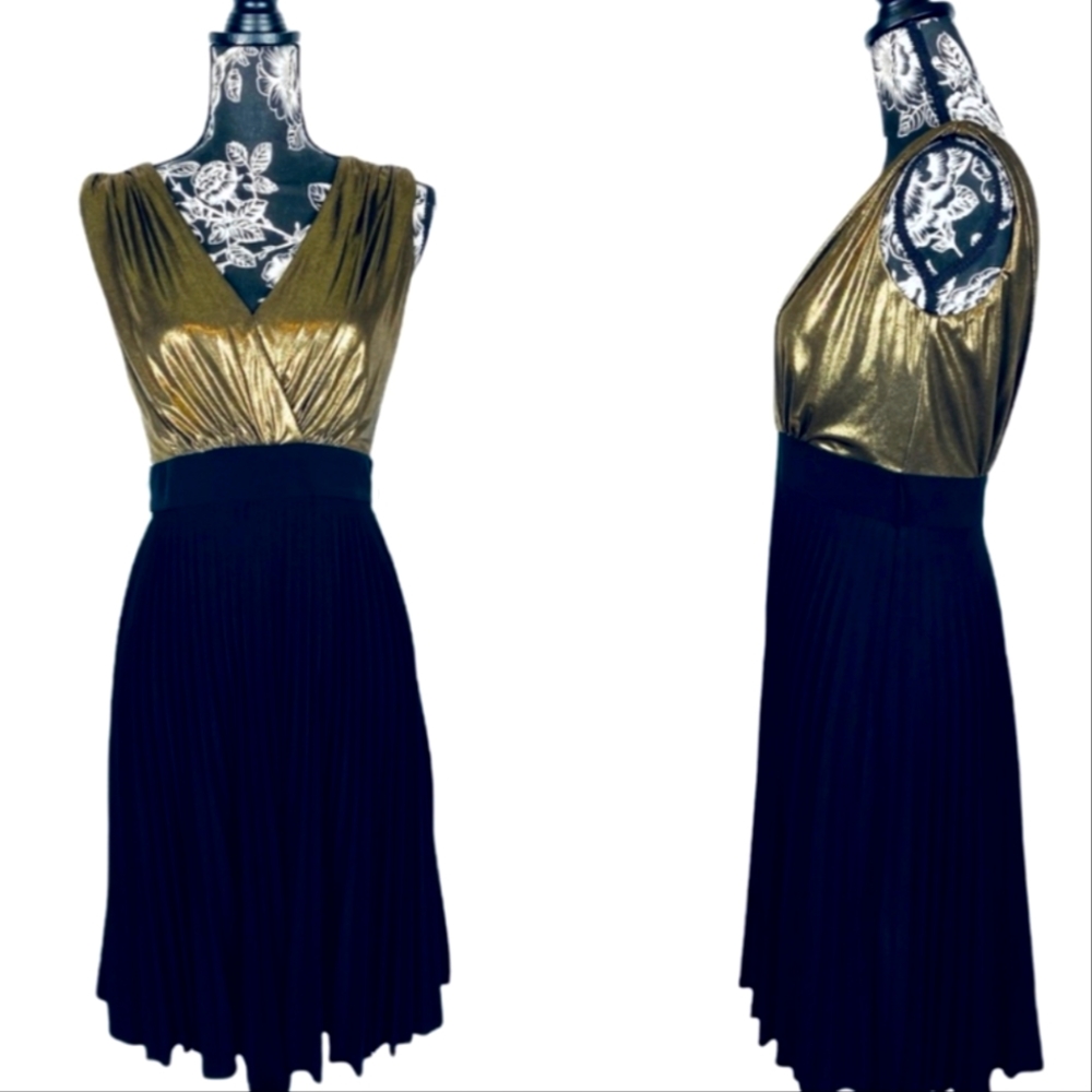 Max & Cleo gold/black pleated fit and flare dress